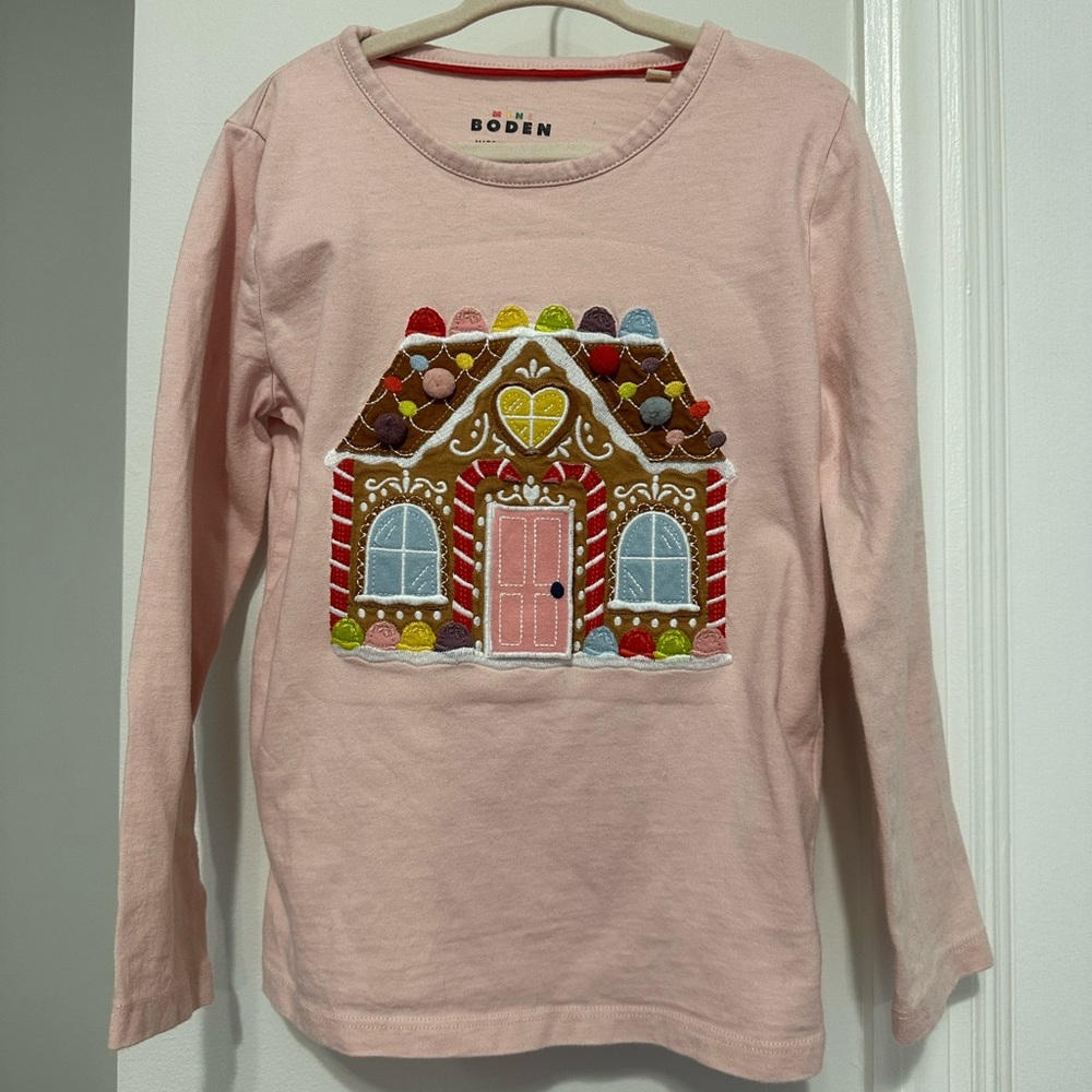 Mini Boden Light Pink Kids Long Sleeve with Gingerbread House
